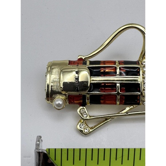 Vtg Dane Craft Golf Bag Clubs Brooch Pin Enamel Gold Tone Rhinestone Pearl 2.5" - Picture 4 of 5